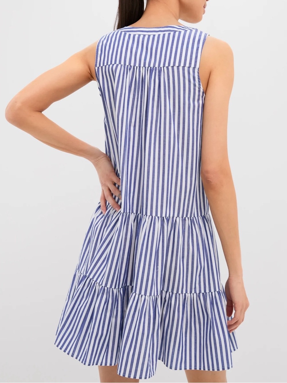 Pomander Place - Navy & White Vertical Stripe Tiered V-Neck Dress - Picture 3 of 7